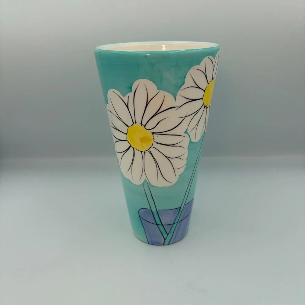 Napco Aqua Blue Daisy Floral Ceramic Tapered Vase 8 Inch Retro Cottagecore